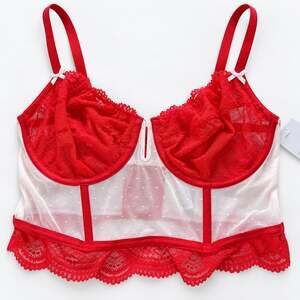 Auden Red White Lace Bustier Corset Top Sheer Mesh Underwire L NWT